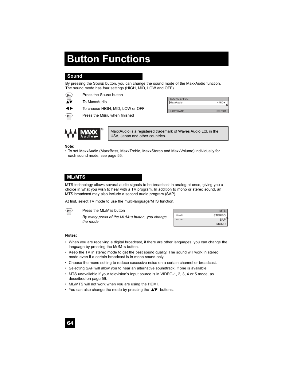 Sound, Ml/mts, Button functions | JVC 0807TNH-II-IM User Manual | Page 64 / 88