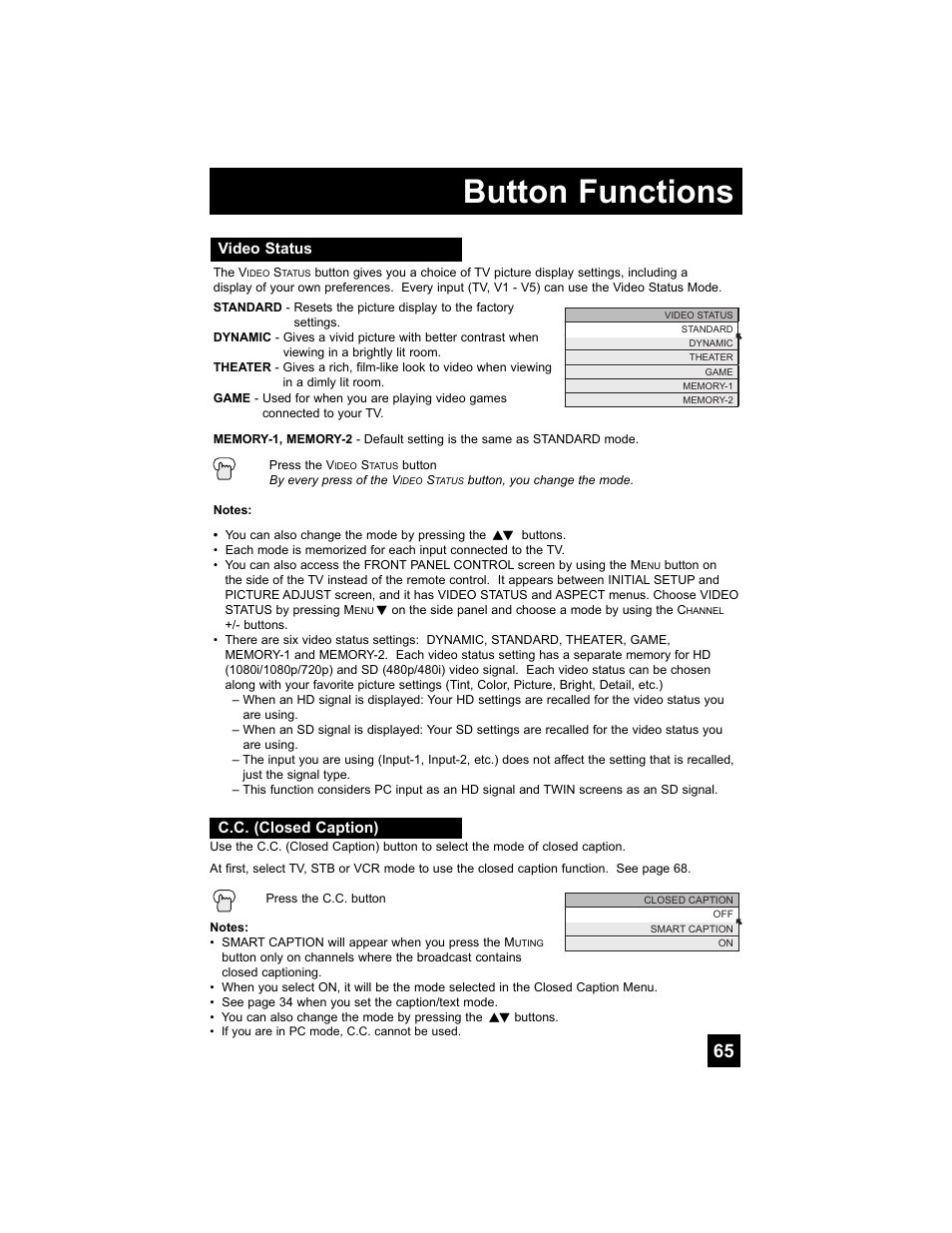 Video status, C.c. (closed caption), Button functions | JVC 0807TNH-II-IM User Manual | Page 65 / 88