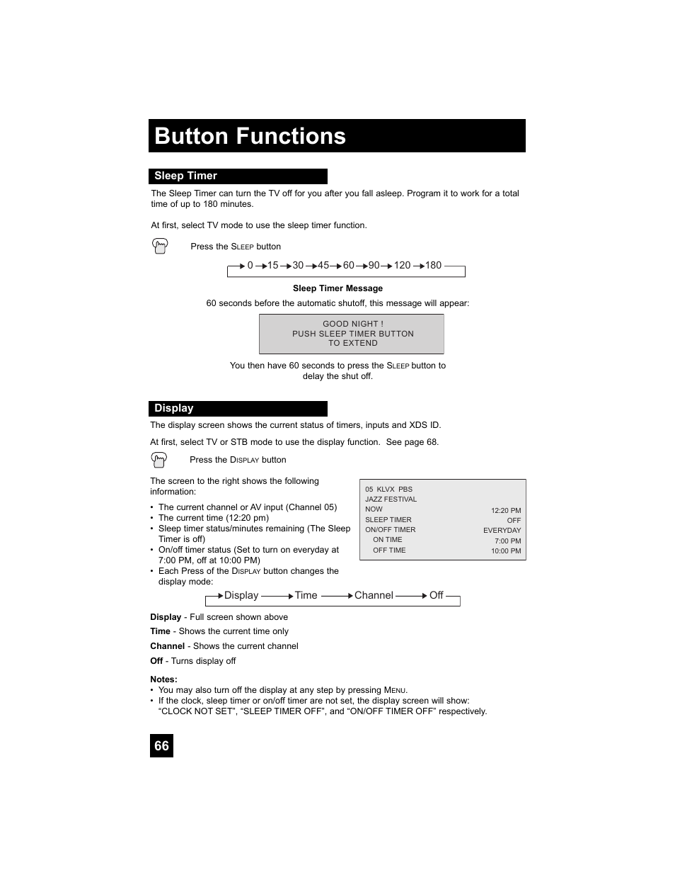 Sleep timer, Display, Button functions | JVC 0807TNH-II-IM User Manual | Page 66 / 88