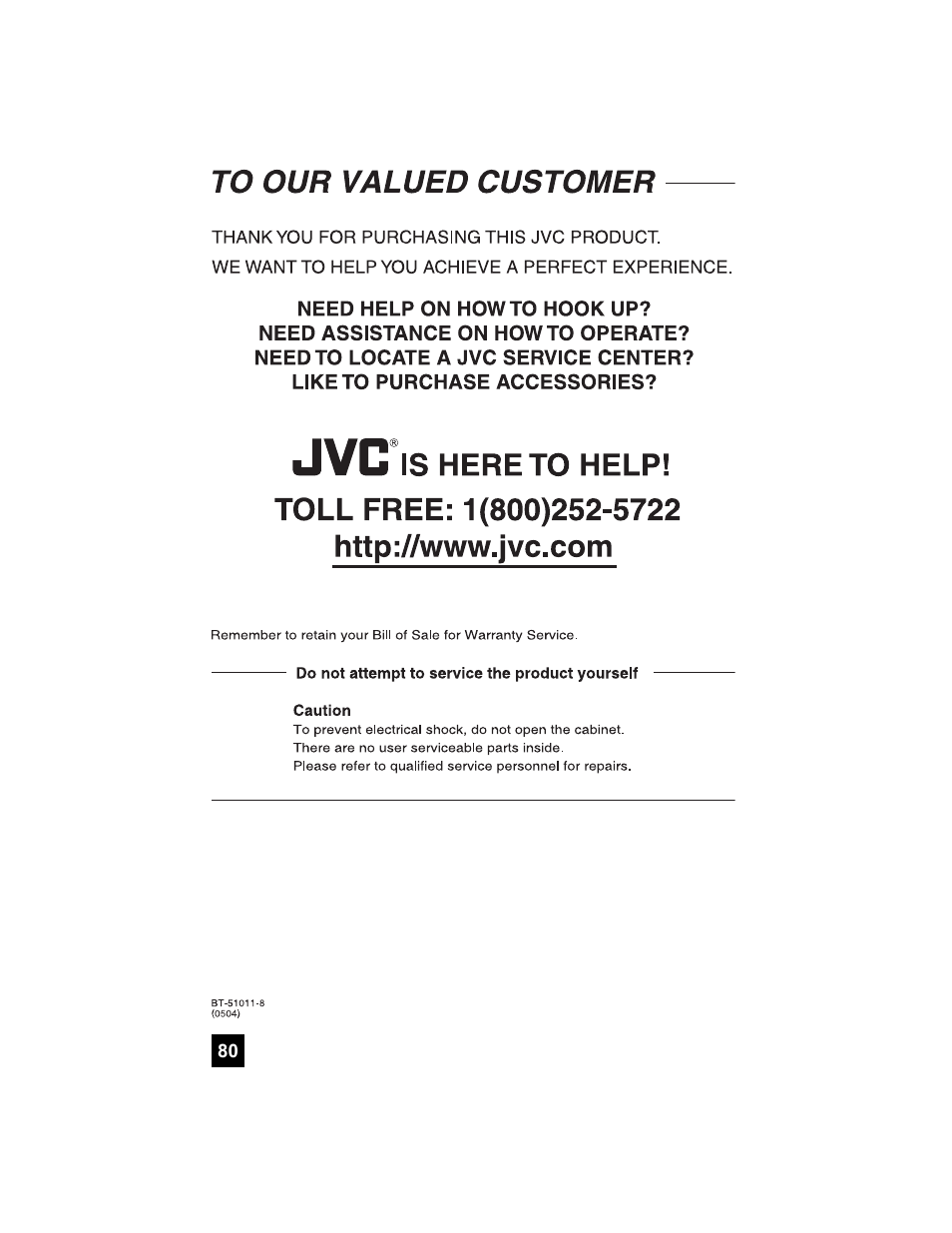 To our valued customer | JVC 0807TNH-II-IM User Manual | Page 80 / 88