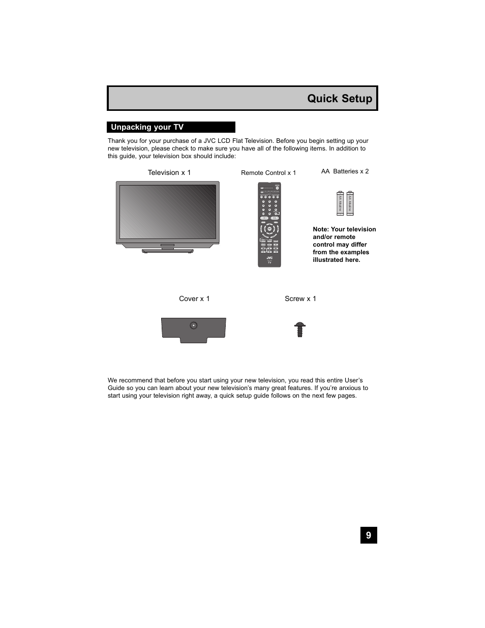 Quick setup, Unpacking your tv, D/a mode tv stb vcr dvd audio | Tune, Return, Rm-c1400, Television x 1, Cover x 1 screw x 1 | JVC 0807TNH-II-IM User Manual | Page 9 / 88