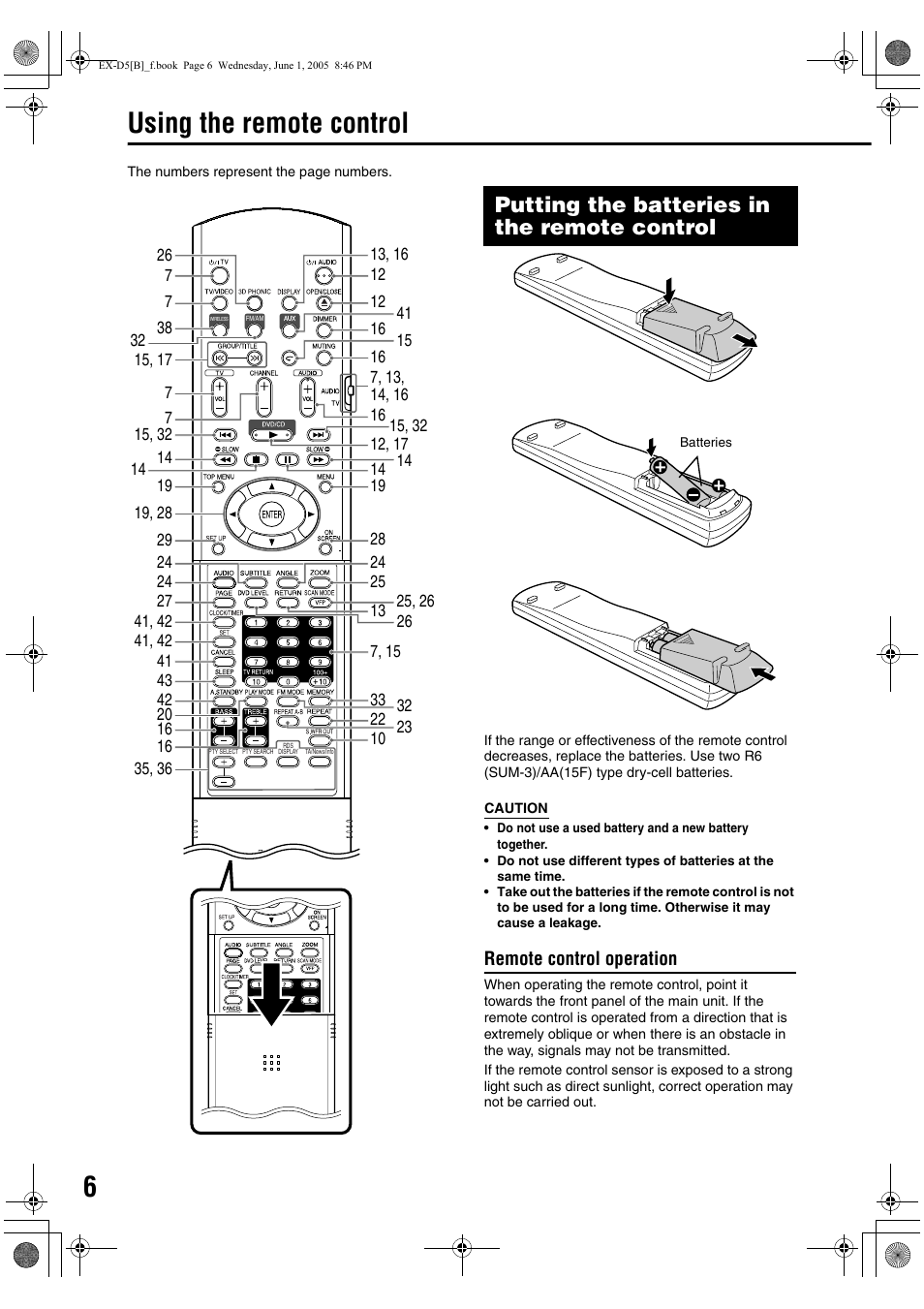 Using the remote control, Putting the batteries in the remote control, Remote control operation | JVC EX-D5 User Manual | Page 10 / 51