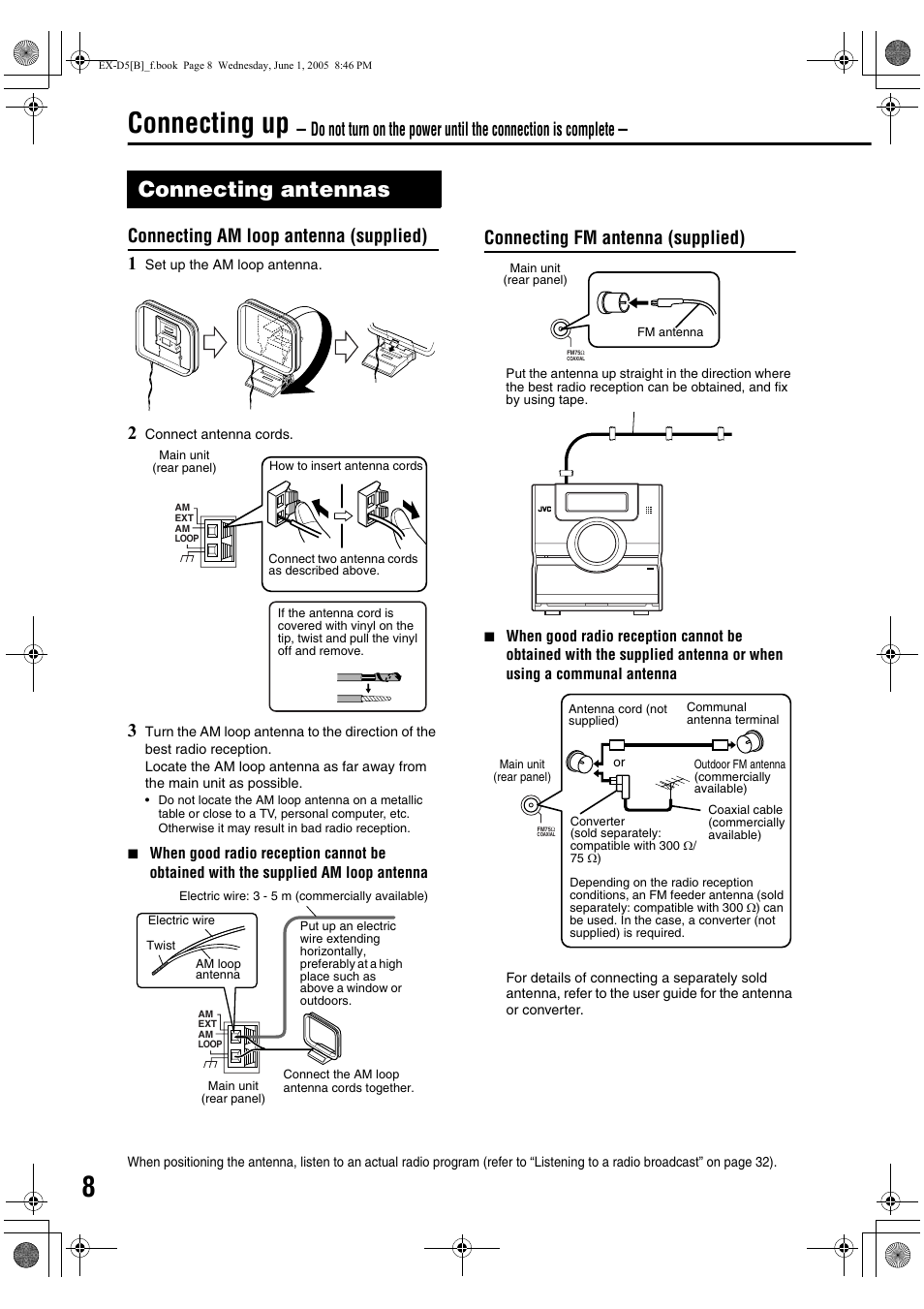 Connecting up, Connecting antennas, Connection | Connecting am loop antenna (supplied) 1, Connecting fm antenna (supplied) | JVC EX-D5 User Manual | Page 12 / 51