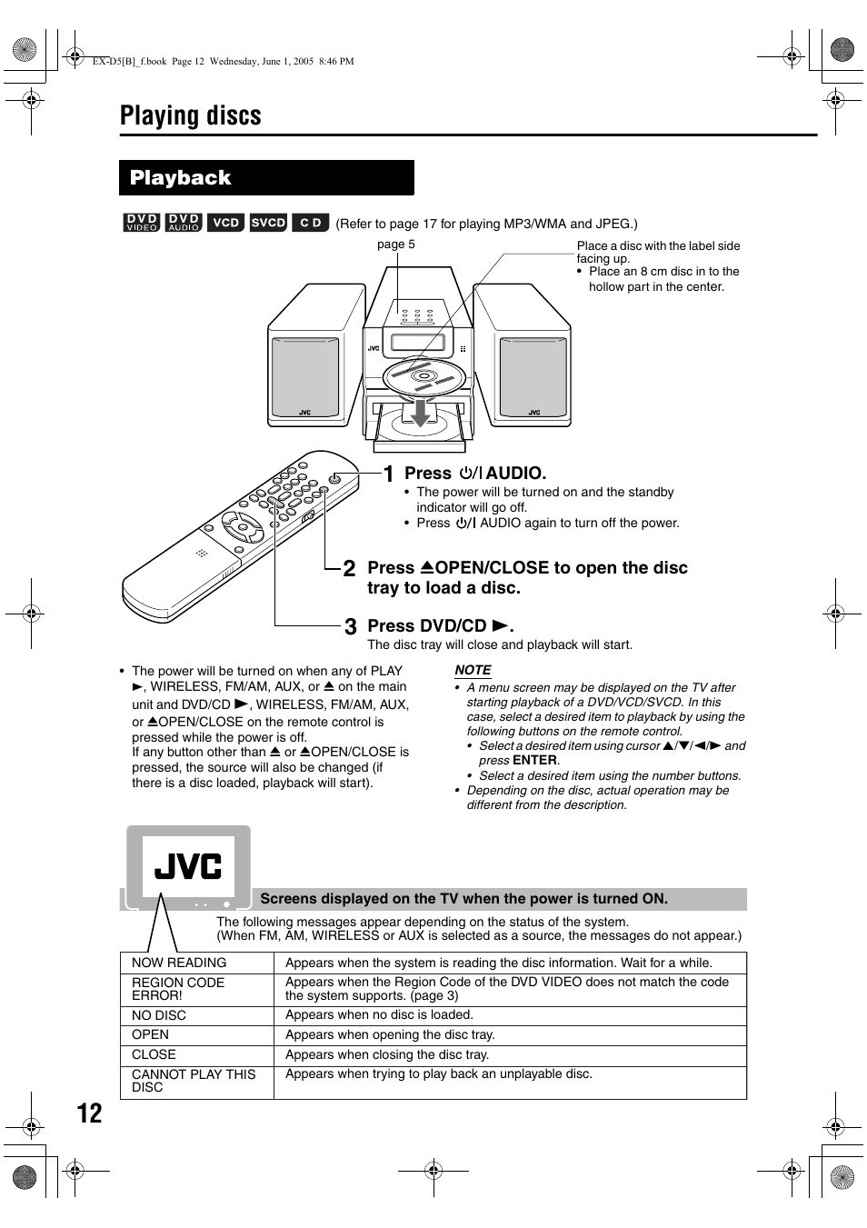 Playing discs, Playback, Press audio | JVC EX-D5 User Manual | Page 16 / 51