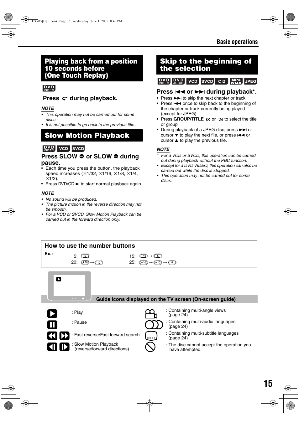 Basic operations press during playback, Press slow or slow during pause, Press 4 or ¢ during playback | How to use the number buttons | JVC EX-D5 User Manual | Page 19 / 51