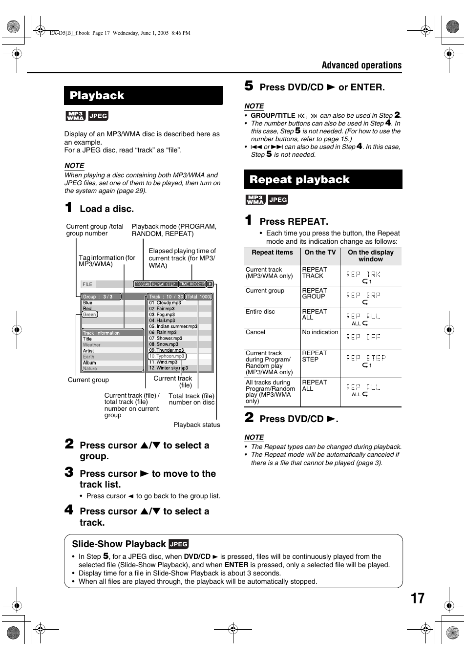 Playback, Repeat playback | JVC EX-D5 User Manual | Page 21 / 51