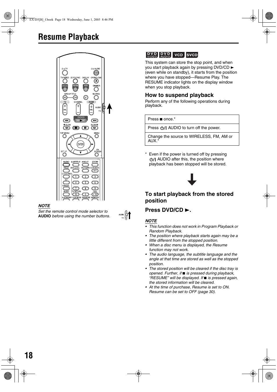 Resume playback, How to suspend playback | JVC EX-D5 User Manual | Page 22 / 51