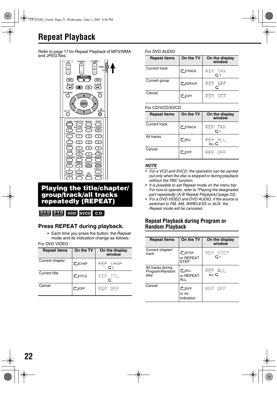 Repeat playback, Press repeat during playback, Repeat playback during program or random playback | JVC EX-D5 User Manual | Page 26 / 51