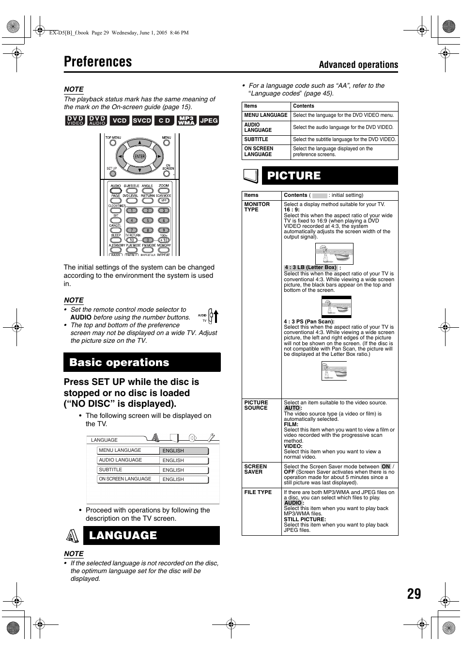 Preferences, Basic operations language, Picture | Advanced operations | JVC EX-D5 User Manual | Page 33 / 51