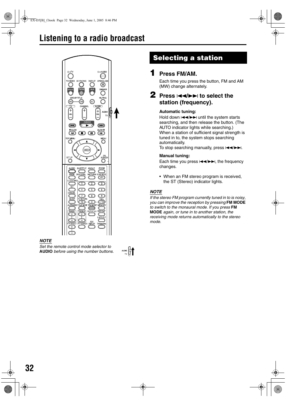 Listening to a radio broadcast, Selecting a station | JVC EX-D5 User Manual | Page 36 / 51
