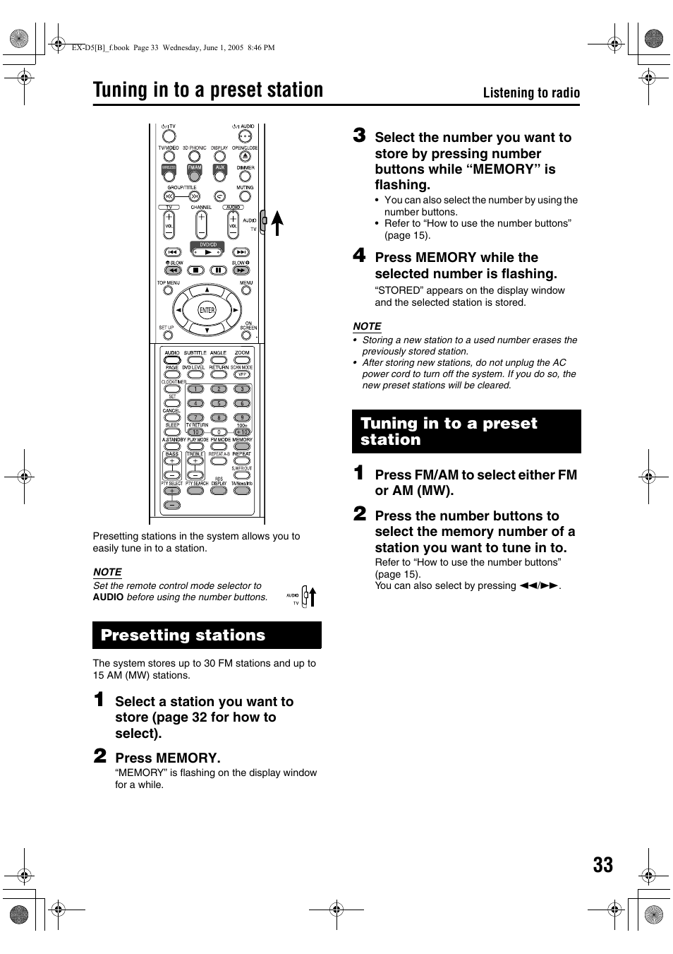 Tuning in to a preset station, Presetting stations | JVC EX-D5 User Manual | Page 37 / 51