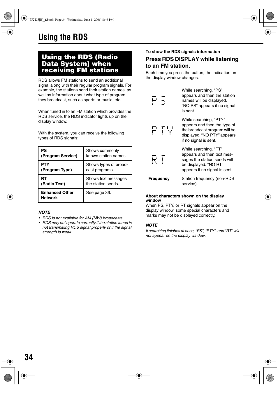 Using the rds, Press rds display while listening to an fm station | JVC EX-D5 User Manual | Page 38 / 51