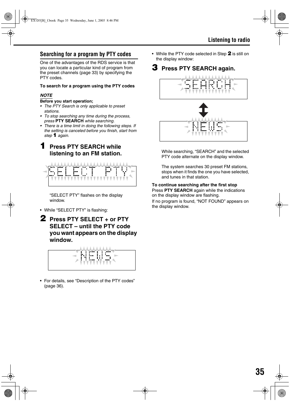 Searching for a program by pty codes, Press pty search while listening to an fm station, Press pty search again | Listening to radio | JVC EX-D5 User Manual | Page 39 / 51