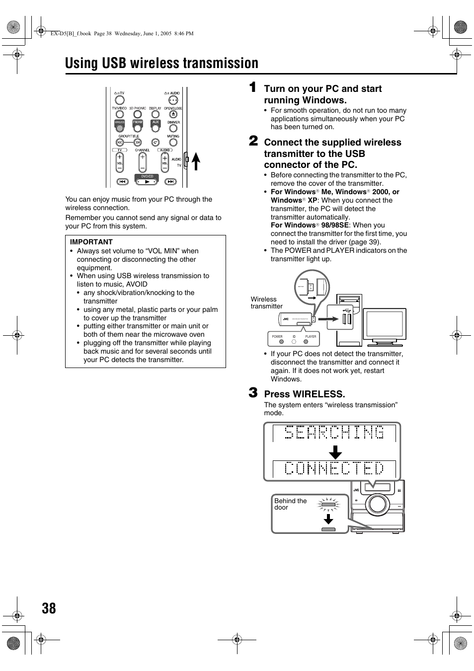 Using usb wireless transmission, Turn on your pc and start running windows, Press wireless | JVC EX-D5 User Manual | Page 42 / 51