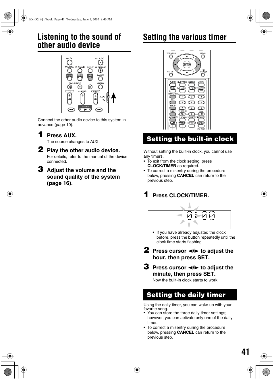 Listening to the sound of other audio device, Setting the various timer | JVC EX-D5 User Manual | Page 45 / 51