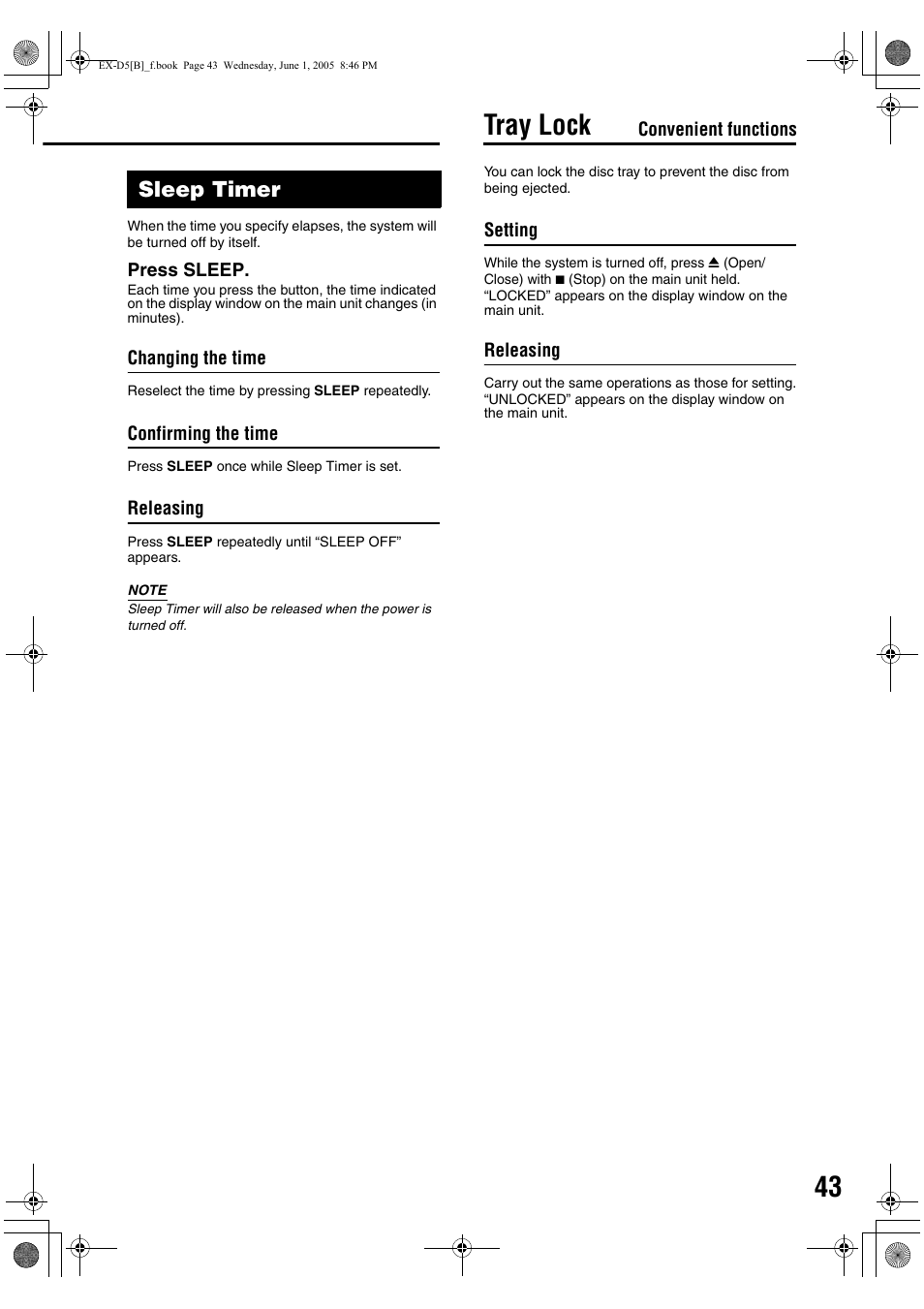Tray lock, Sleep timer | JVC EX-D5 User Manual | Page 47 / 51