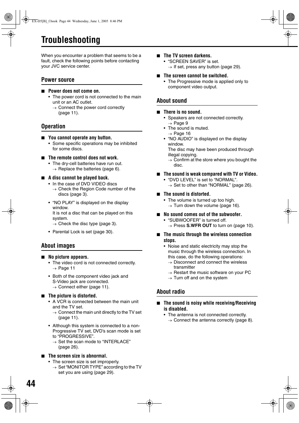 Troubleshooting, Power source, Operation | About images, About sound, About radio | JVC EX-D5 User Manual | Page 48 / 51