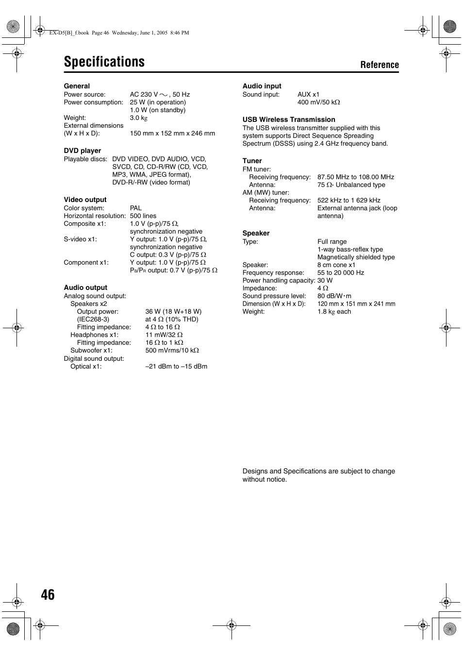 Specifications, Reference | JVC EX-D5 User Manual | Page 50 / 51