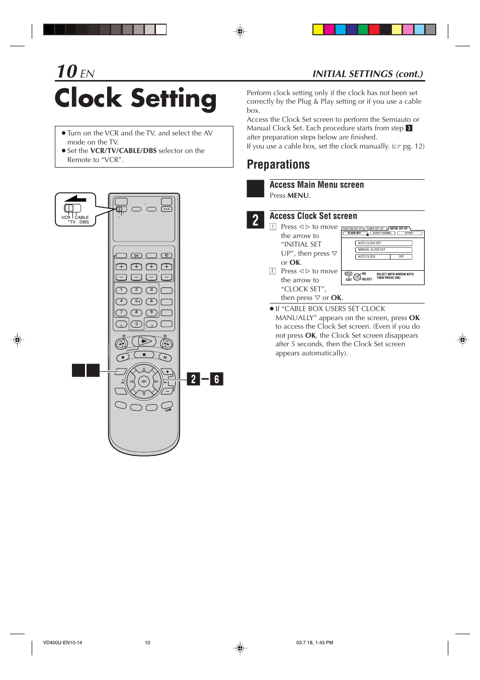 Clock setting, Preparations, Initial settings (cont.) | JVC SR-VD400U User Manual | Page 10 / 92