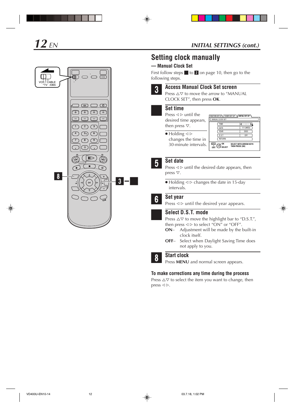 Setting clock manually — manual clock set, Setting clock manually, Initial settings (cont.) | JVC SR-VD400U User Manual | Page 12 / 92