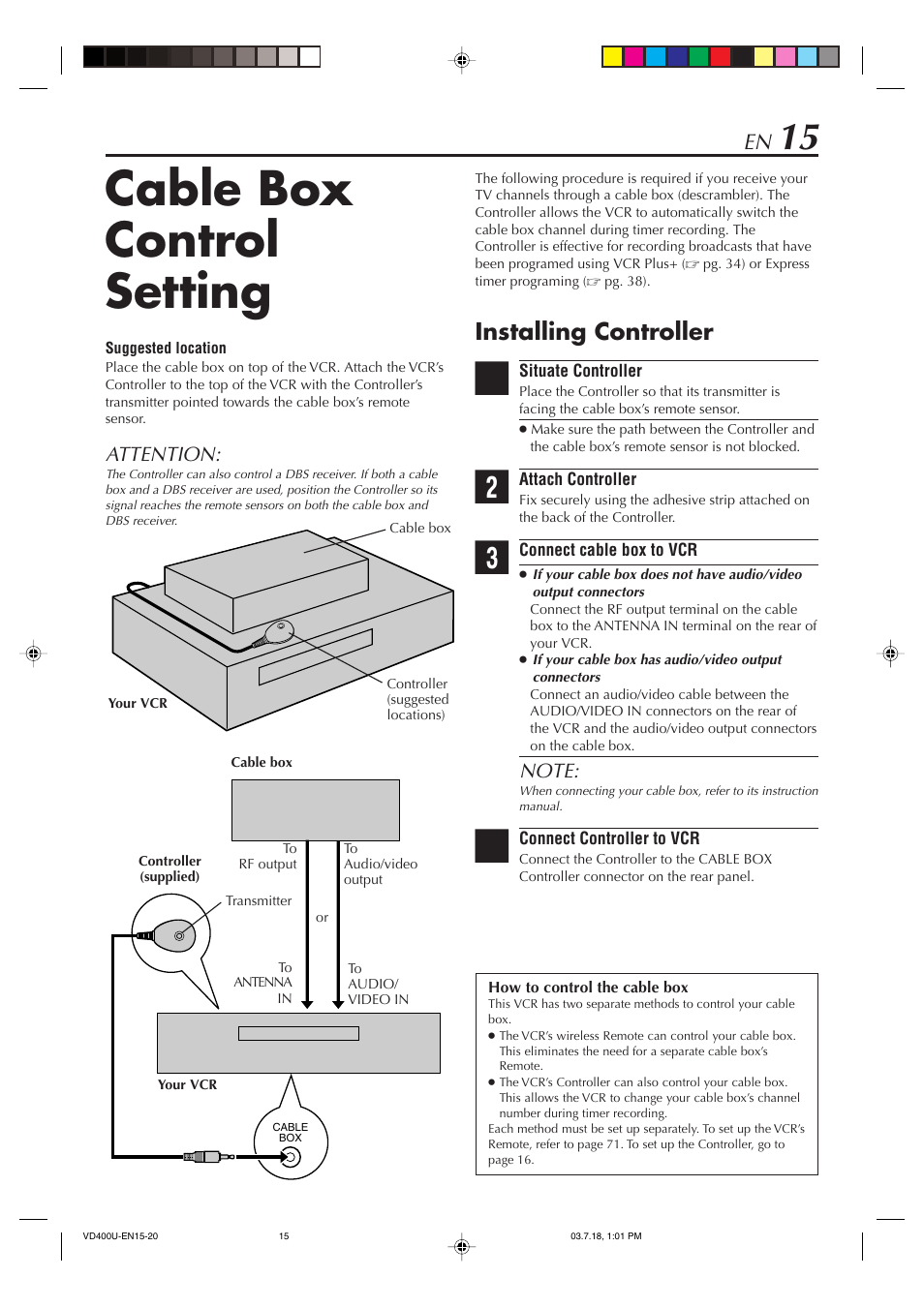 Cable box control setting, Installing controller, Attention | JVC SR-VD400U User Manual | Page 15 / 92