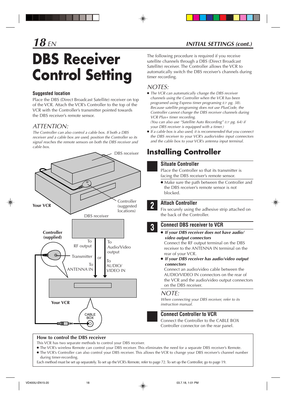 Dbs receiver control setting, Installing controller, Attention | JVC SR-VD400U User Manual | Page 18 / 92