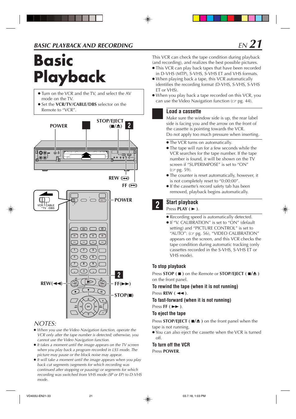 Basic playback and recording, Basic playback | JVC SR-VD400U User Manual | Page 21 / 92