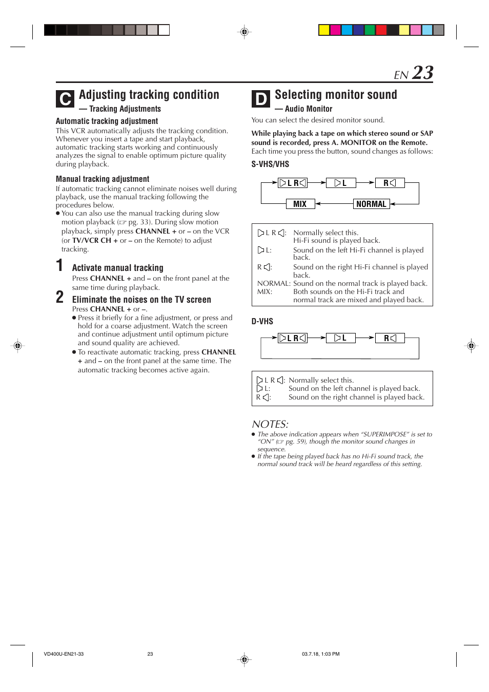 Selecting monitor sound — audio monitor, Selecting monitor sound, Adjusting tracking condition | JVC SR-VD400U User Manual | Page 23 / 92