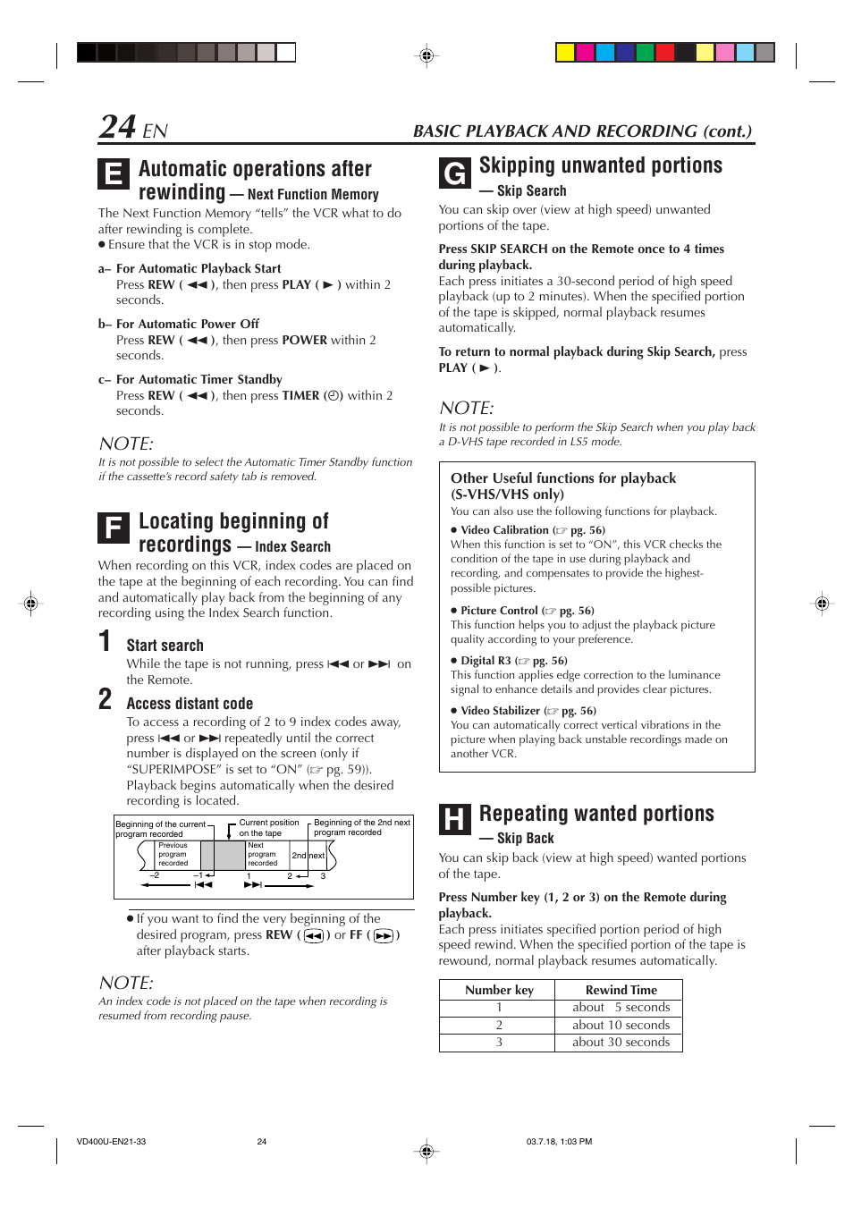 Locating beginning of recordings — index search, Skipping unwanted portions — skip search, Repeating wanted portions — skip back | Automatic operations after rewinding, Locating beginning of recordings, Skipping unwanted portions, Repeating wanted portions | JVC SR-VD400U User Manual | Page 24 / 92