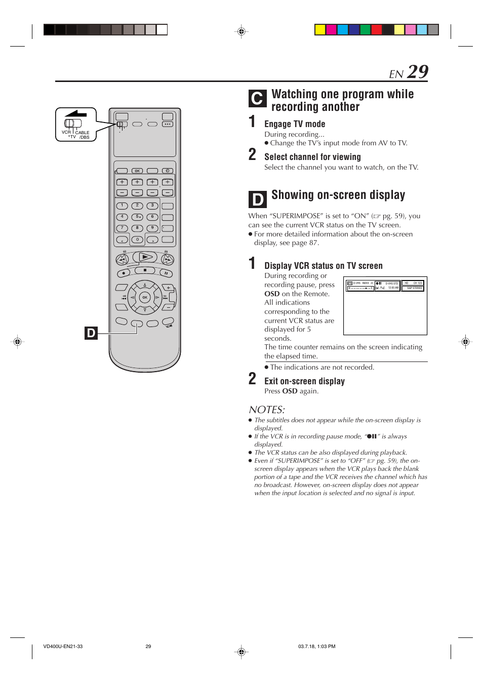 Watching one program while recording another, Showing on-screen display | JVC SR-VD400U User Manual | Page 29 / 92