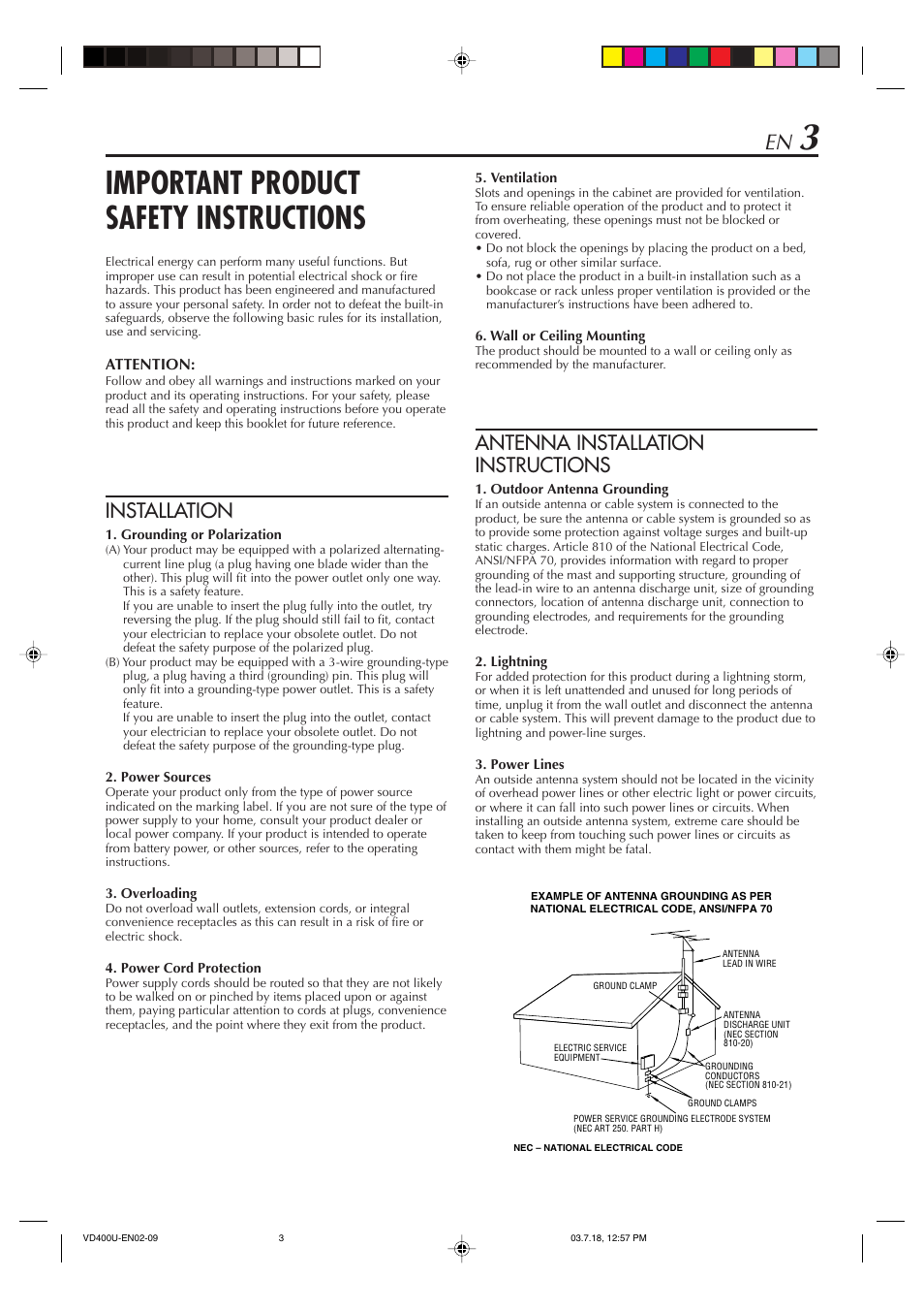 Important product safety instructions, Installation, Antenna installation instructions | JVC SR-VD400U User Manual | Page 3 / 92