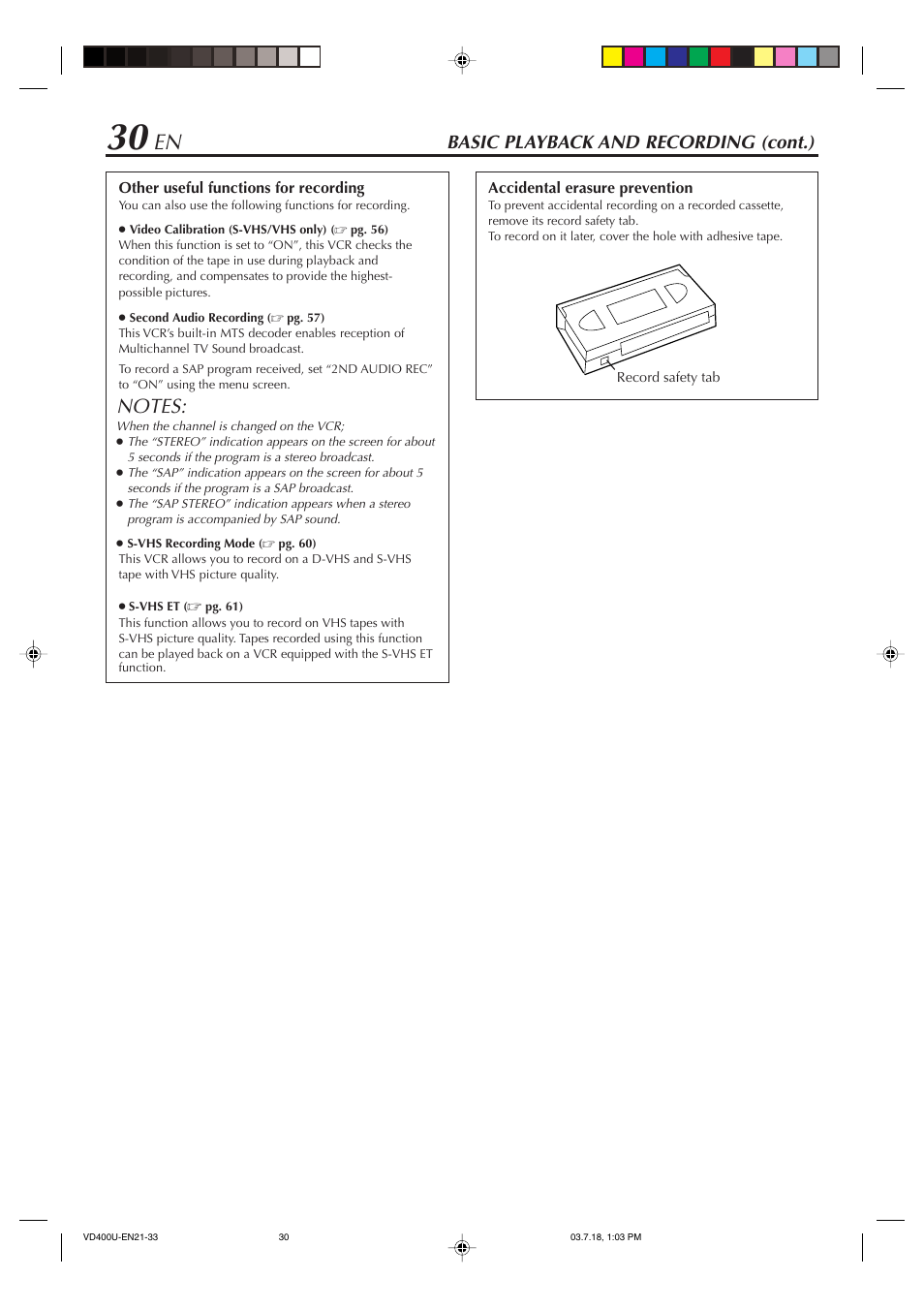 Basic playback and recording (cont.) | JVC SR-VD400U User Manual | Page 30 / 92