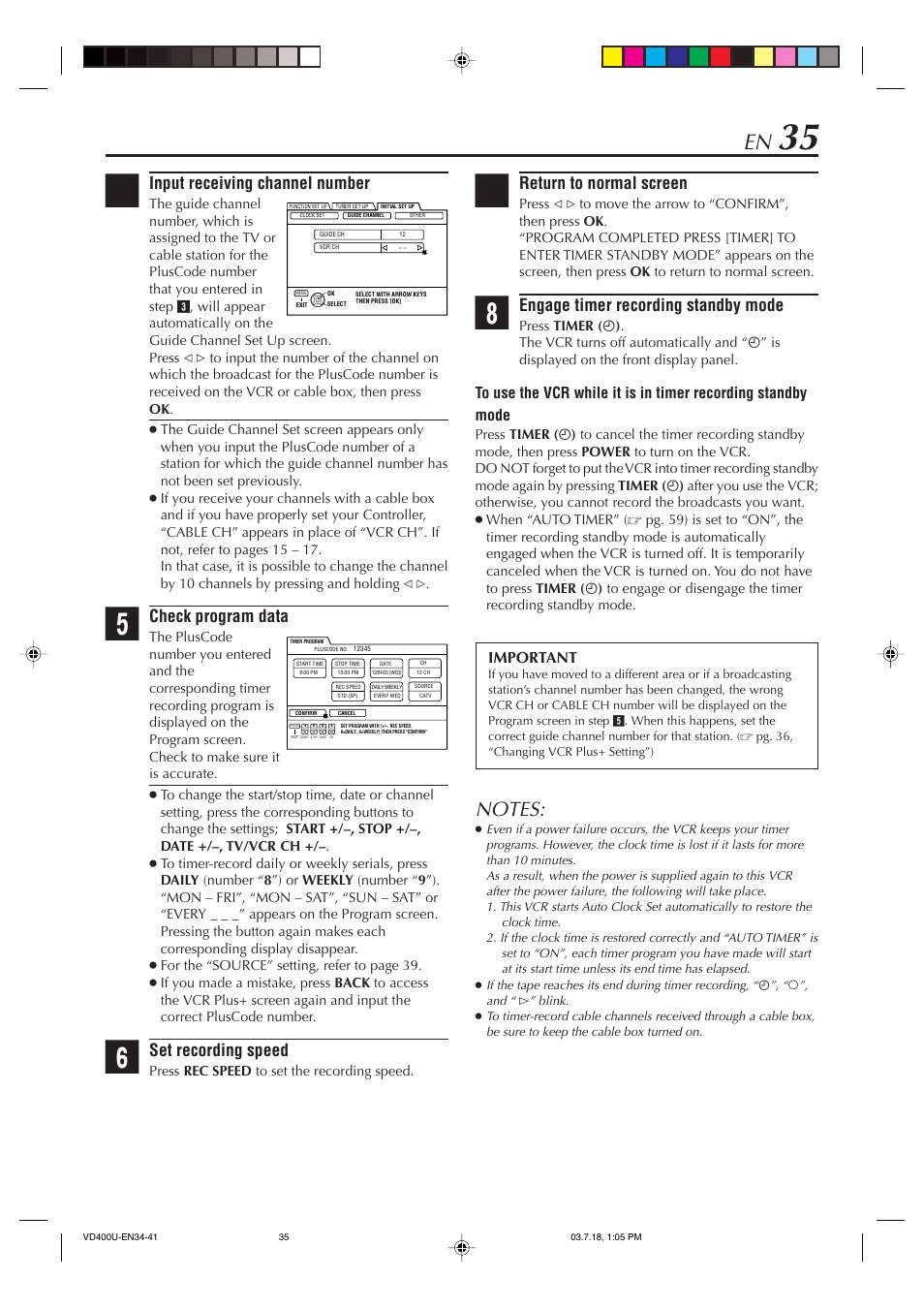 Input receiving channel number, Check program data, Set recording speed | Return to normal screen, Engage timer recording standby mode, Important | JVC SR-VD400U User Manual | Page 35 / 92