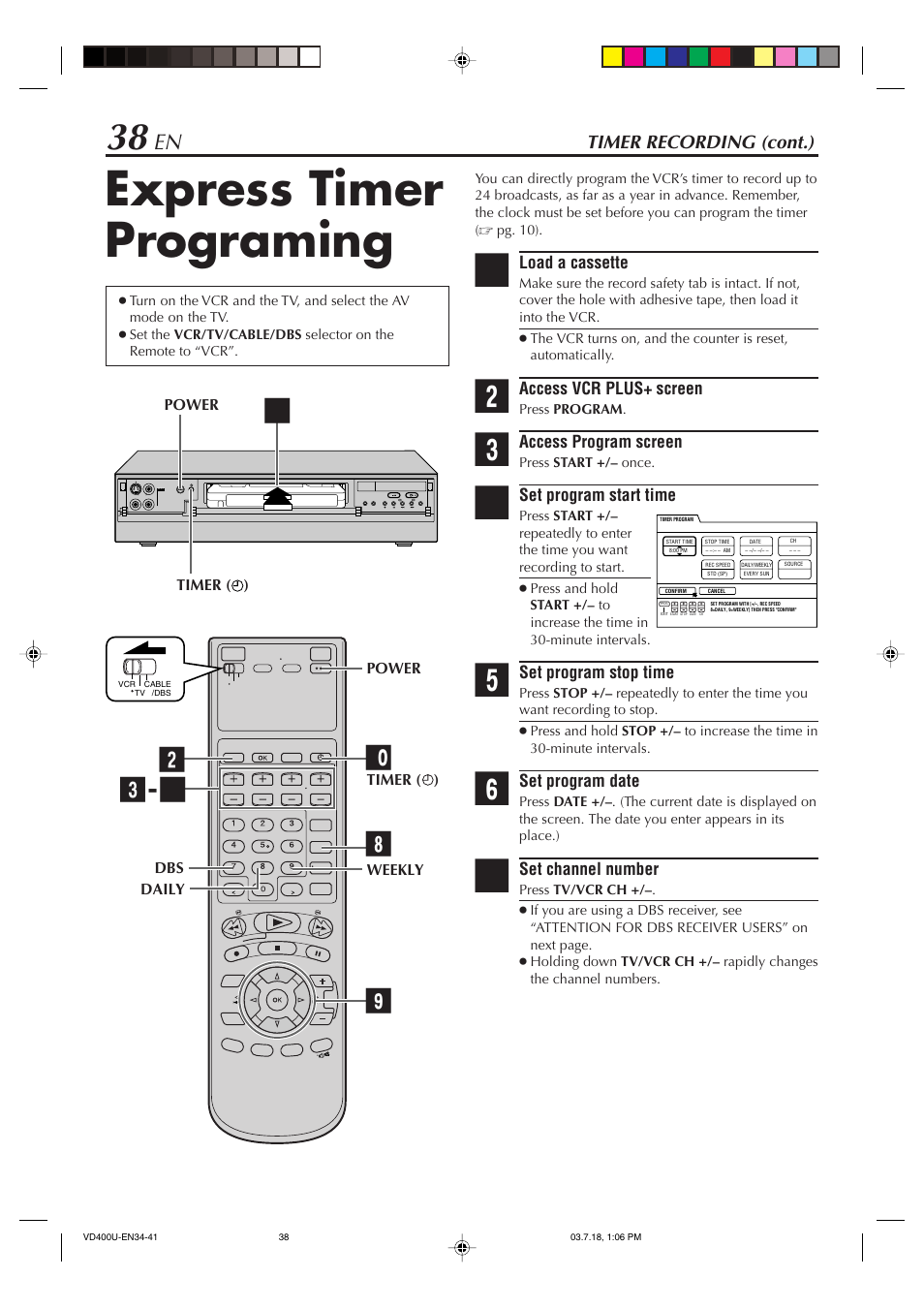 Express timer programing, Timer recording (cont.) | JVC SR-VD400U User Manual | Page 38 / 92