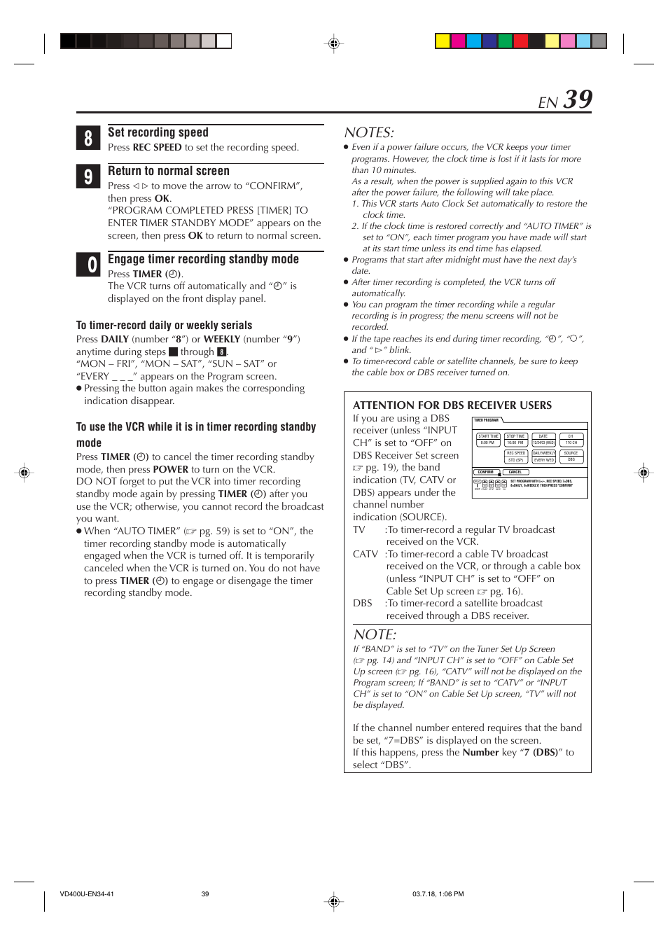 Set recording speed, Return to normal screen, Engage timer recording standby mode | JVC SR-VD400U User Manual | Page 39 / 92