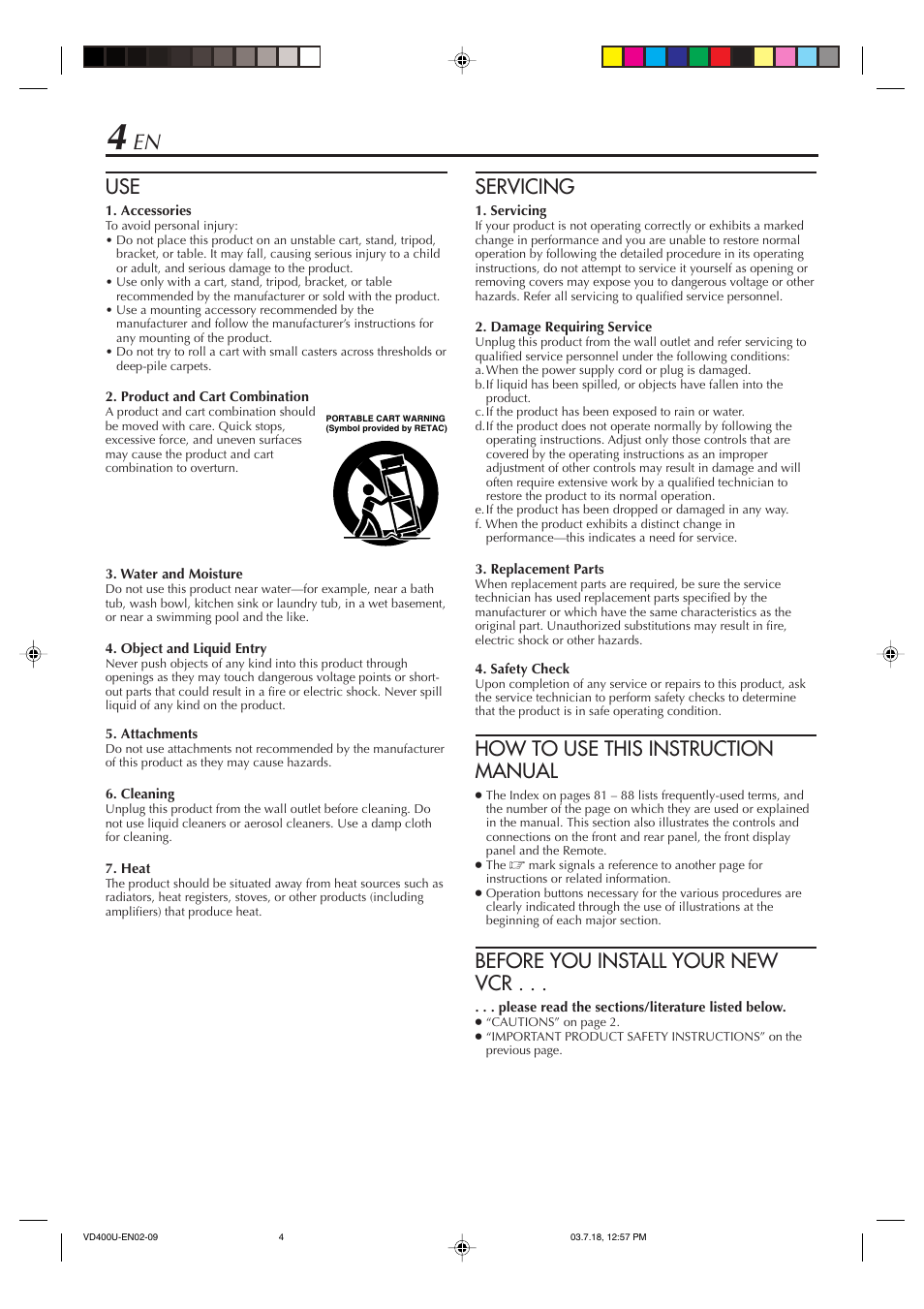 Servicing, How to use this instruction manual, Before you install your new vcr | JVC SR-VD400U User Manual | Page 4 / 92