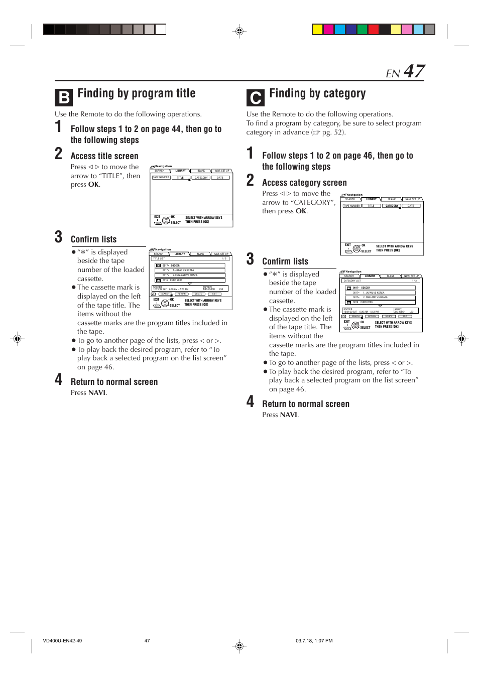 Finding by program title, Finding by category, Access title screen | Confirm lists, Return to normal screen, Access category screen | JVC SR-VD400U User Manual | Page 47 / 92