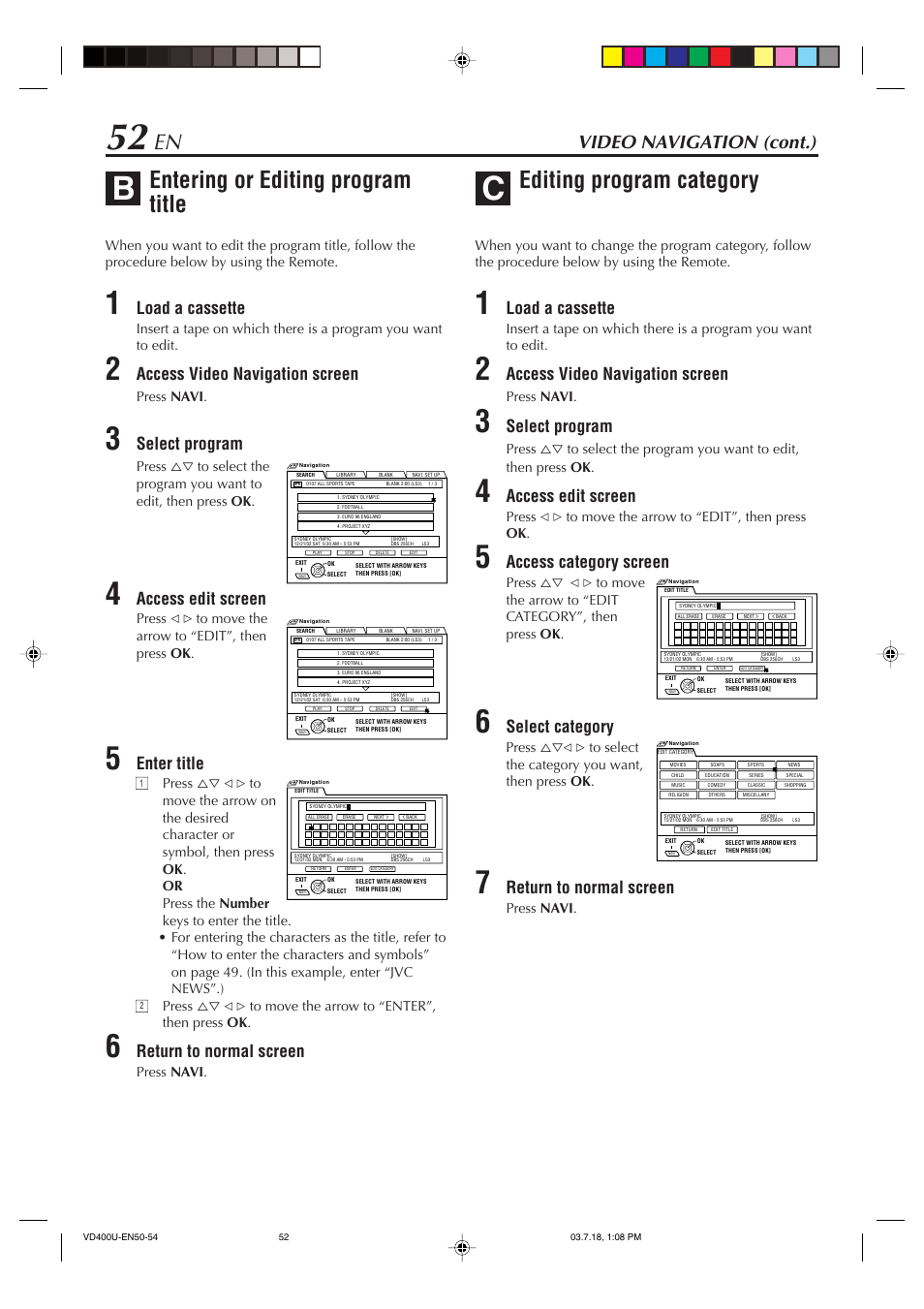 Entering or editing program title, Editing program category, Video navigation (cont.) | Load a cassette, Access video navigation screen, Select program, Access edit screen, Enter title, Return to normal screen, Access category screen | JVC SR-VD400U User Manual | Page 52 / 92