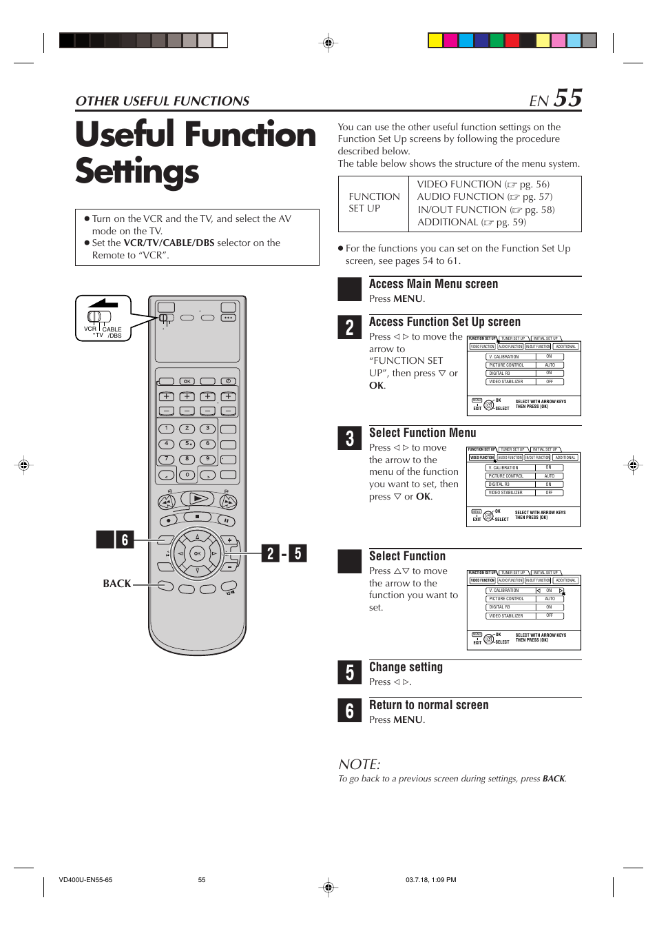 Other useful functions, Useful function settings, Access main menu screen | Access function set up screen, Select function menu, Select function, Change setting, Return to normal screen, Back | JVC SR-VD400U User Manual | Page 55 / 92