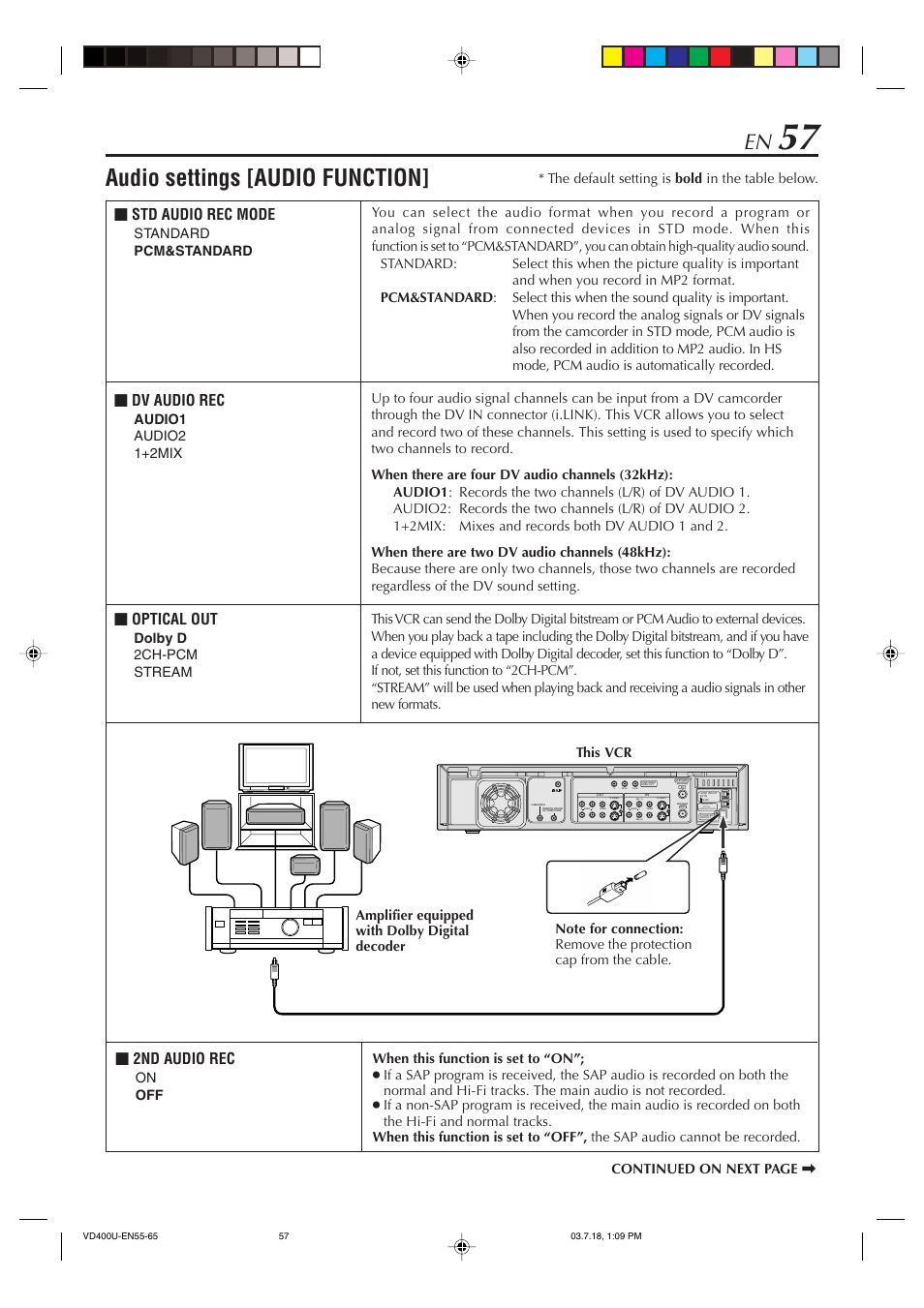 Audio settings [audio function, Dv audio rec, Optical out | 2nd audio rec, Std audio rec mode, Audio1 audio2 1+2mix, Dolby d 2ch-pcm stream, Digital out optical pcm/dolby digital, On off continued on next page | JVC SR-VD400U User Manual | Page 57 / 92