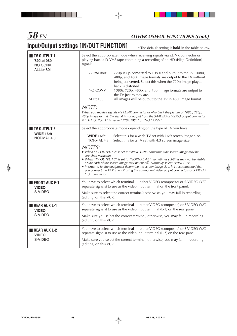 Input/output settings [in/out function, Other useful functions (cont.) | JVC SR-VD400U User Manual | Page 58 / 92