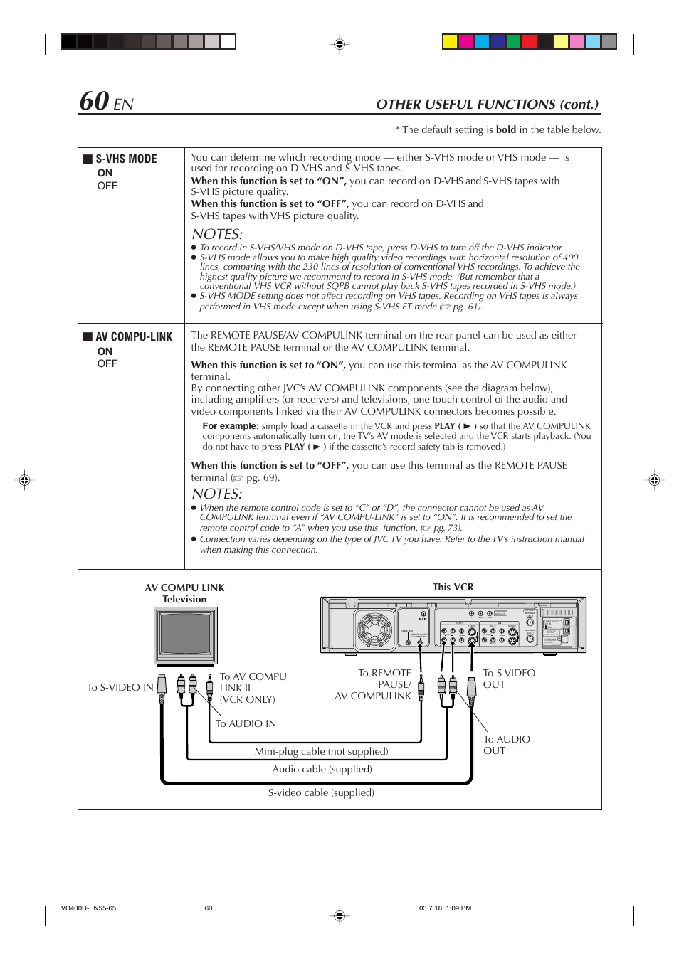 Other useful functions (cont.), Av compu-link, S-vhs mode | JVC SR-VD400U User Manual | Page 60 / 92