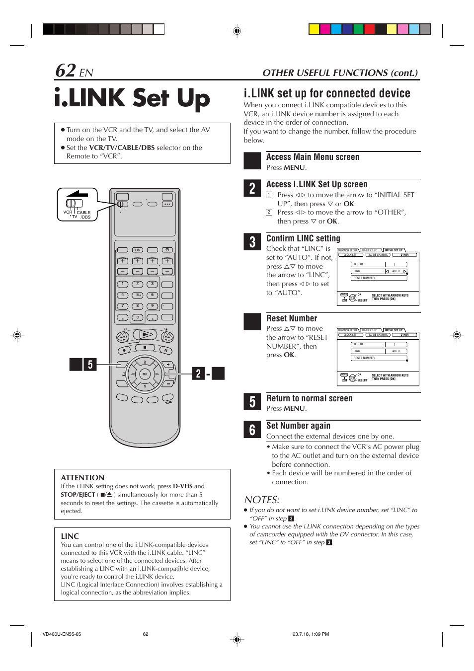 I.link set up, I.link set up for connected device, Other useful functions (cont.) | JVC SR-VD400U User Manual | Page 62 / 92