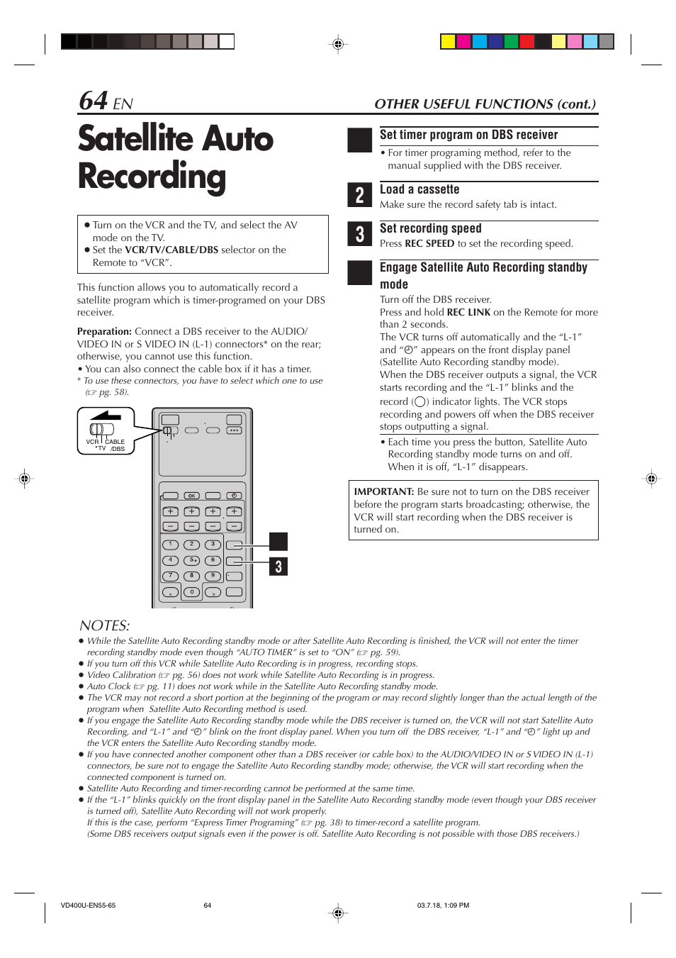 Satellite auto recording, Other useful functions (cont.) | JVC SR-VD400U User Manual | Page 64 / 92
