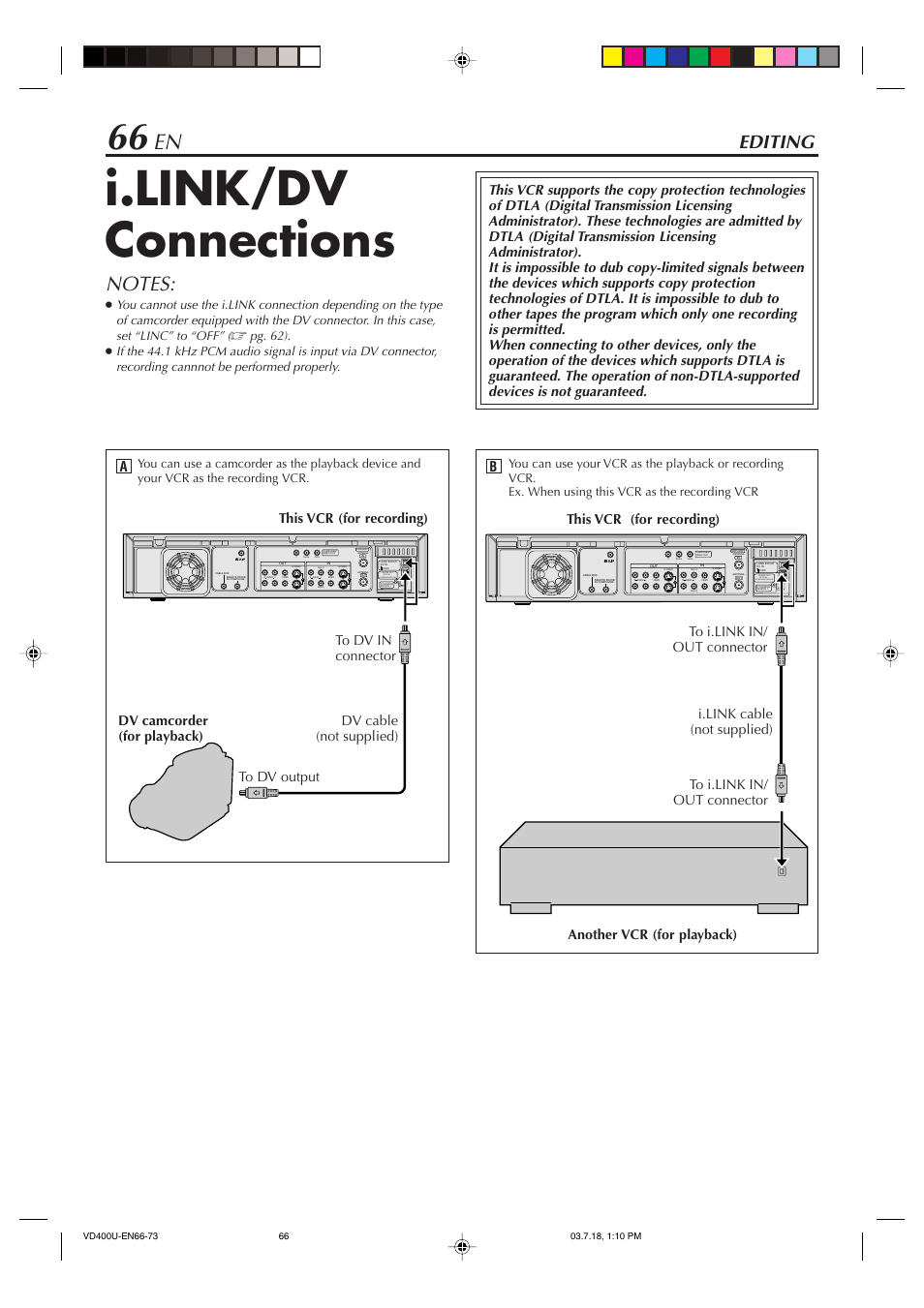 Editing, I.link/dv connections, Digital out optical pcm/dolby digital r | Digital out optical pcm/dolby digital, Pg. 62) | JVC SR-VD400U User Manual | Page 66 / 92