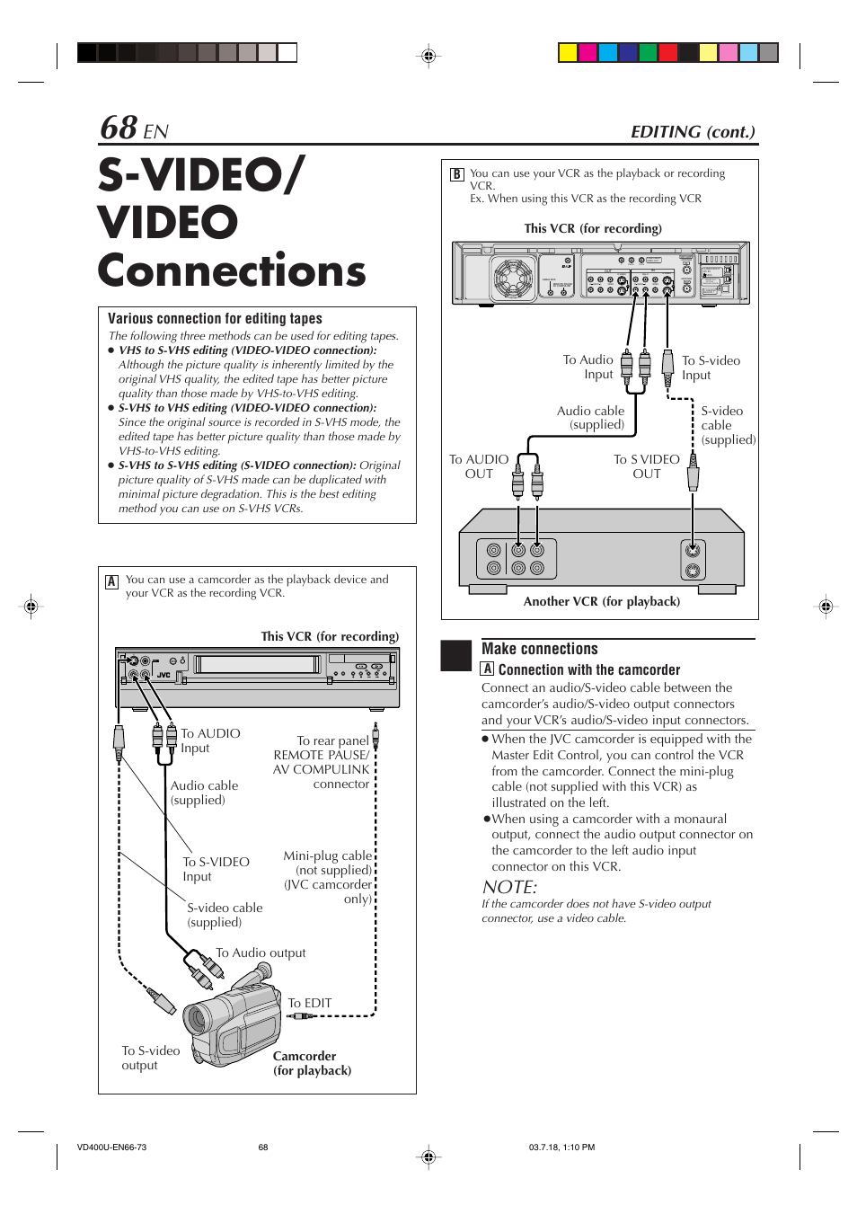 S-video/ video connections, Editing (cont.), Make connections | Connection with the camcorder, Various connection for editing tapes | JVC SR-VD400U User Manual | Page 68 / 92