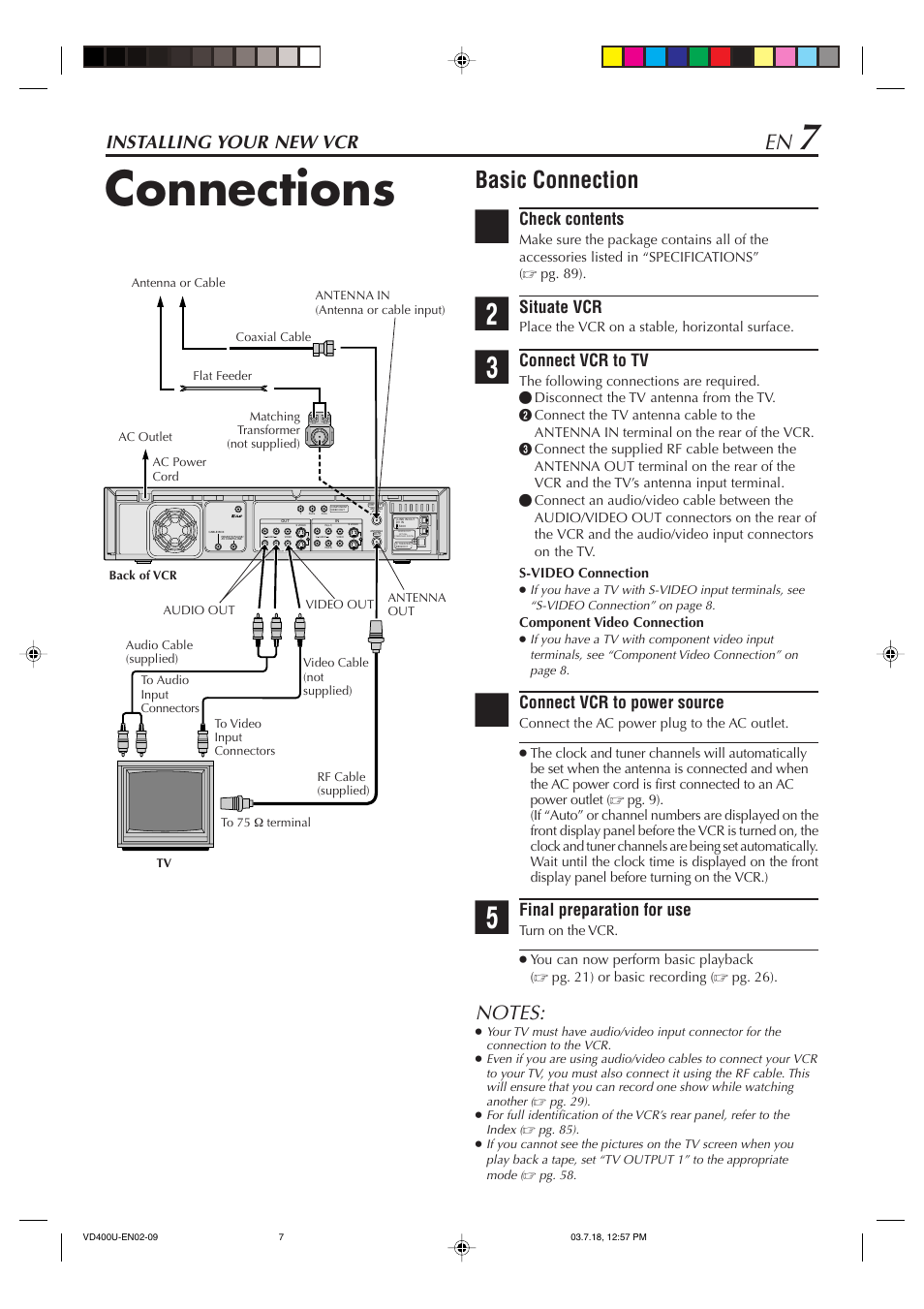 Installing your new vcr, Connections, Basic connection | Check contents, Situate vcr, Connect vcr to tv, Connect vcr to power source, Final preparation for use | JVC SR-VD400U User Manual | Page 7 / 92