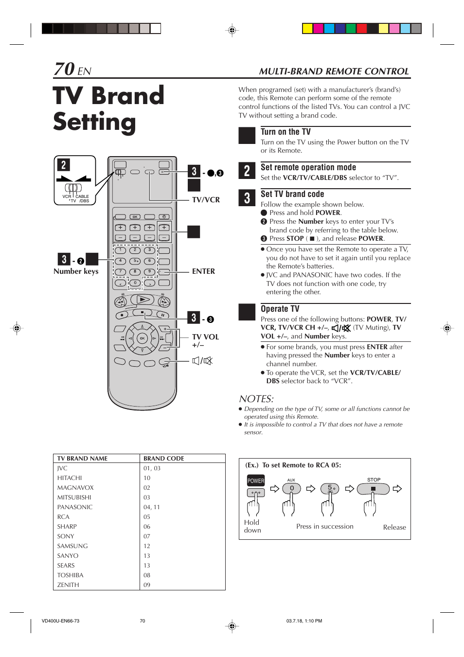 Multi-brand remote control, Tv brand setting | JVC SR-VD400U User Manual | Page 70 / 92