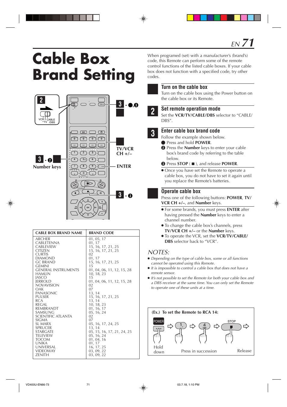 Cable box brand setting | JVC SR-VD400U User Manual | Page 71 / 92