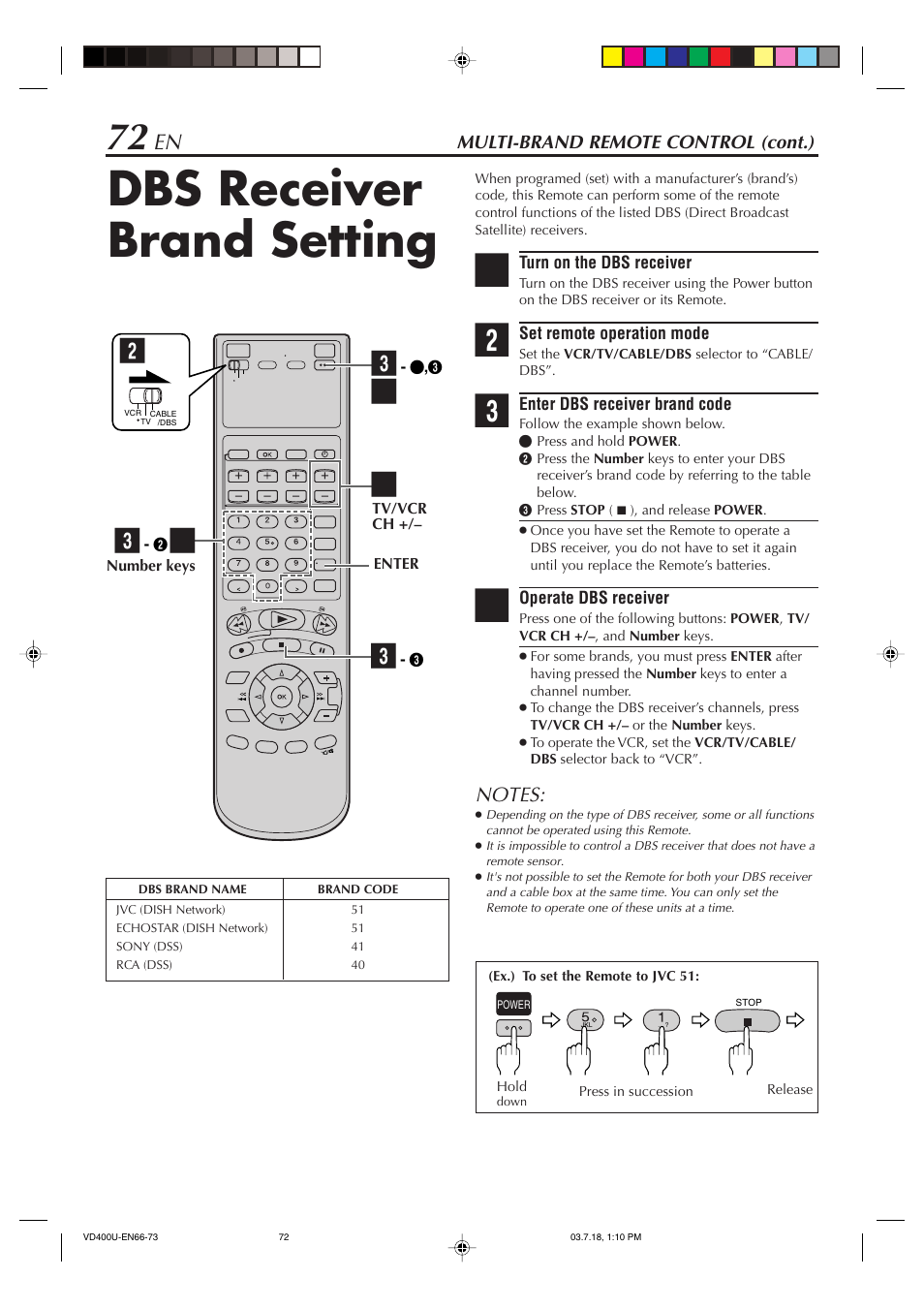 Dbs receiver brand setting | JVC SR-VD400U User Manual | Page 72 / 92